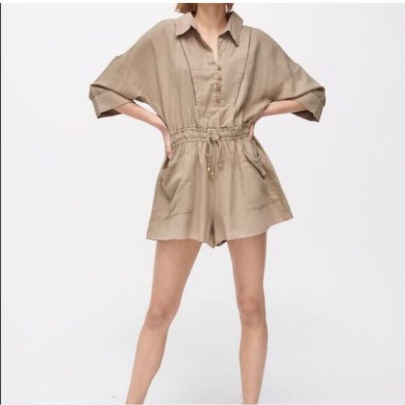 Zara linen cotton blend safari minimalist romper sz M - Picture 1 of 8
